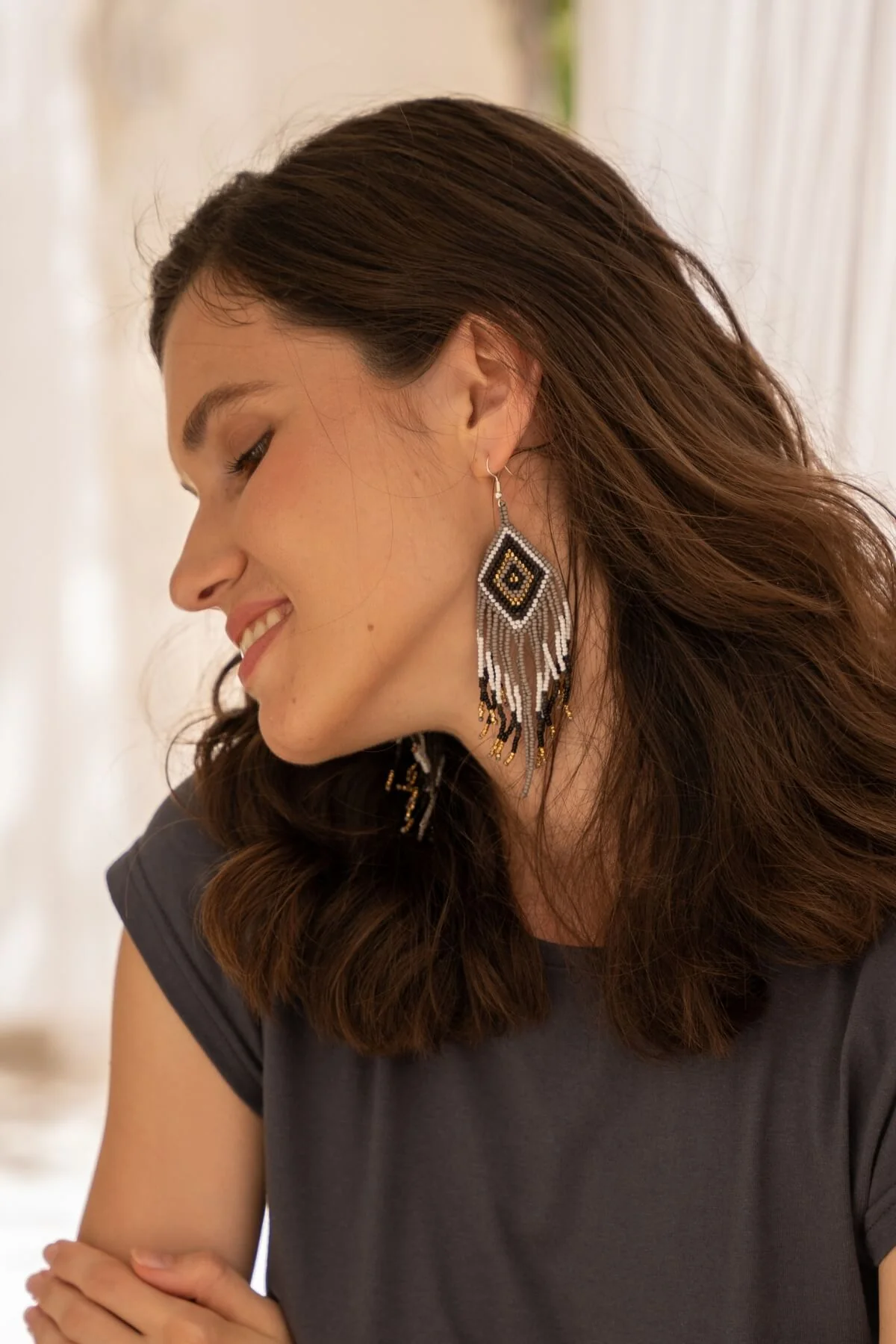 Beaded Earrings - Aztec Grey - Image 3